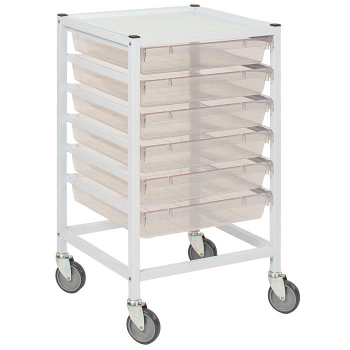 Gratnells Classic Low Single Fixed Runner White Trolley 6 Shallow Antimicrobial Translucent Trays (Assembled)