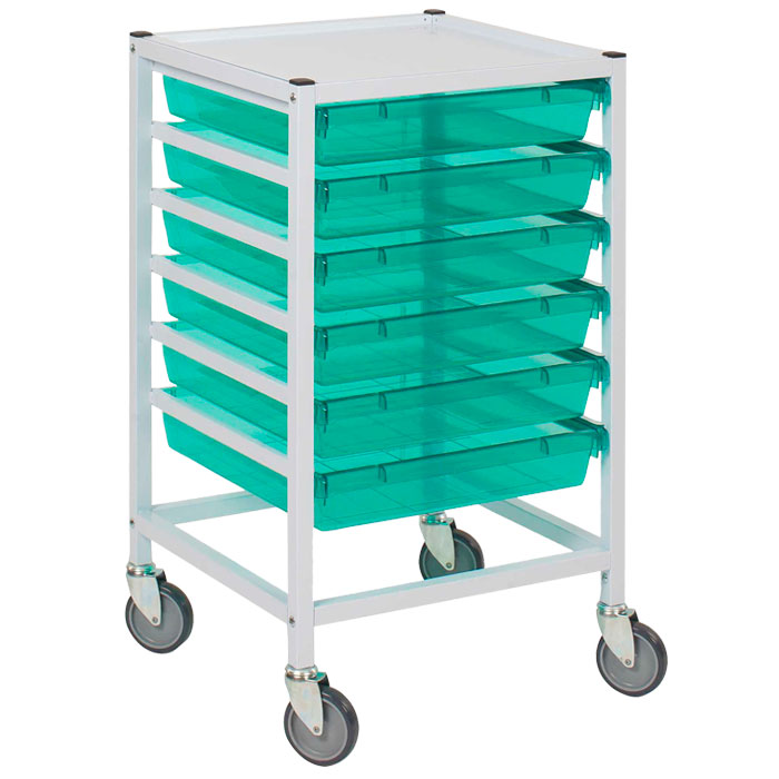 Gratnells Classic Low Single Fixed Runner White Trolley 6 Shallow Antimicrobial Green Trays (Assembled)