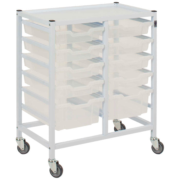 Gratnells Medical Compact Low Double Fixed Runner White Trolley 8 Shallow 2 Deep Antimicrobial Translucent Trays (Assembled)