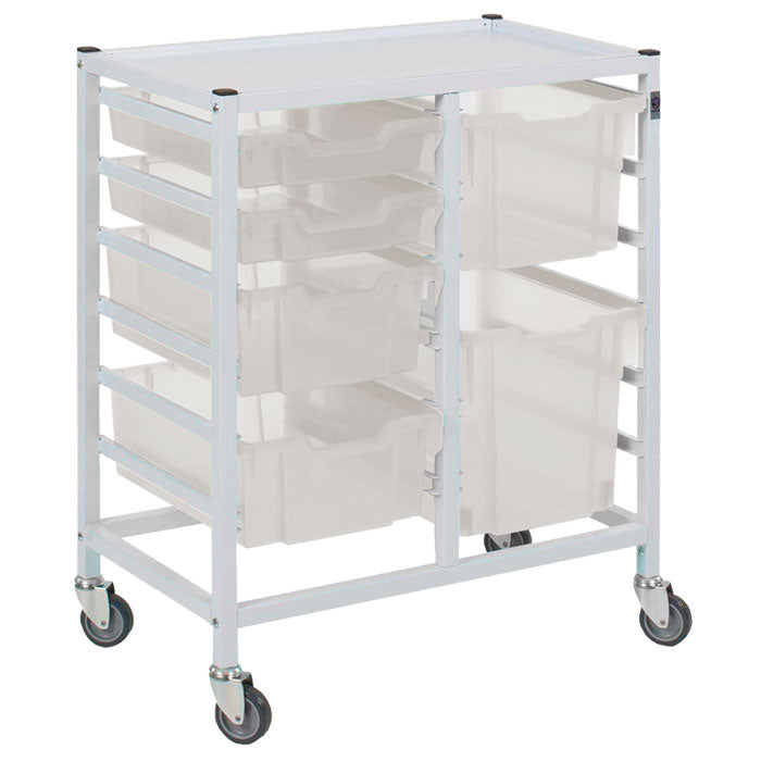 Gratnells Medical Compact Low Double Fixed Runner White Trolley 2 Shallow 2 Deep 1 Extra Deep 1 Jumbo Antimicrobial Translucent Trays (Assembled)