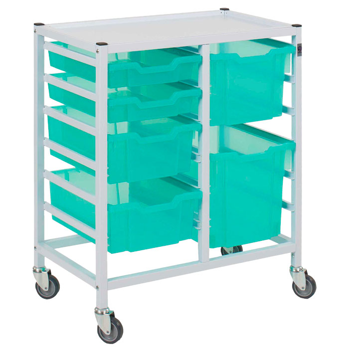 Gratnells Medical Compact Low Double Fixed Runner White Trolley 2 Shallow 2 Deep 1 Extra Deep 1 Jumbo Antimicrobial Kiwi Jelly Trays (Assembled)