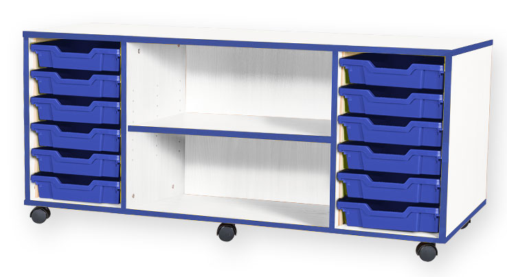 School JAZ 615mm High 12 Shallow Quad Width Tray with Middle Open Storage