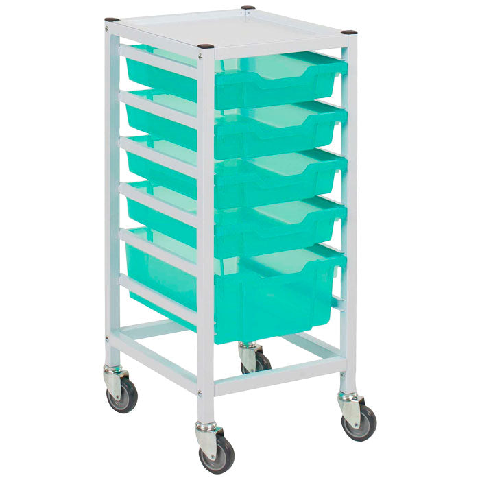 Gratnells Medical Compact Low Single Fixed Runner White Trolley 4 Shallow & 1 Deep Antimicrobial Kiwi Jelly Trays (Assembled)