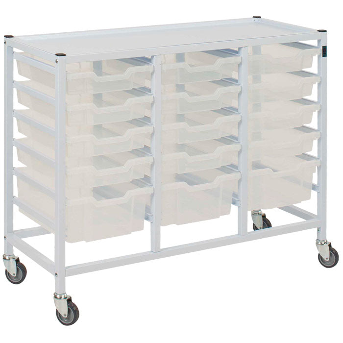 Gratnells Medical Compact Low Treble Fixed Runner White Trolley 12 Shallow 3 Deep Antimicrobial Translucent Trays (Assembled)