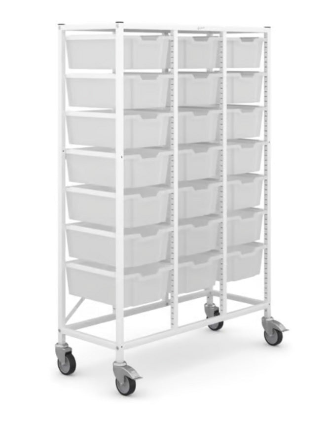 Gratnells Medical Mid Treble White Trolley 21 Deep Antimicrobial Translucent Trays