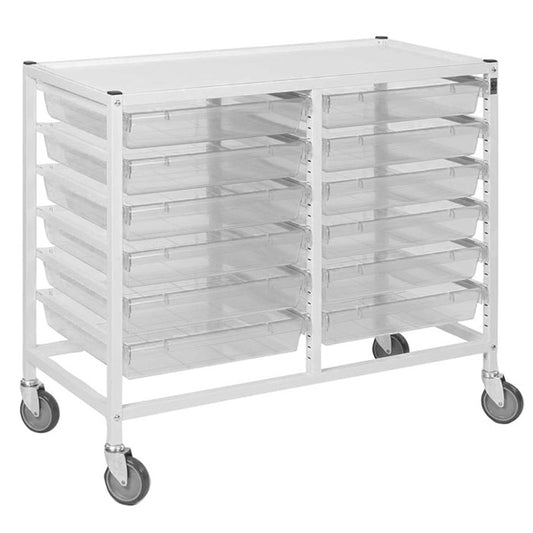 Gratnells Classic Low Double White Trolley 12 Shallow Antimicrobial Translucent Trays (Assembled)