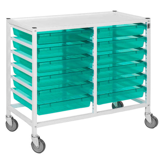 Gratnells Classic Low Double White Trolley 12 Shallow Antimicrobial Green Trays (Assembled)