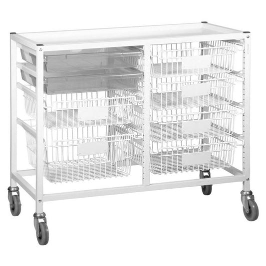 Gratnells Classic Low Double White Trolley 5 Shallow 1 Deep Baskets 2 Shallow Antimicrobial Translucent Trays (Assembled)
