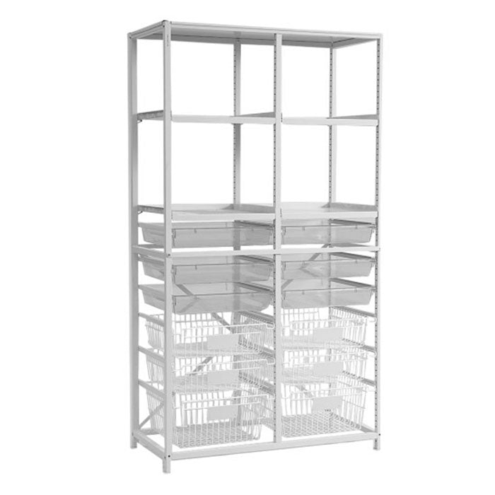 Gratnells Classic Tall Double White Frame 4 Shelves 4 Shallow 2 Deep Baskets 6 Shallow Antimicrobial Translucent Trays (Assembled)