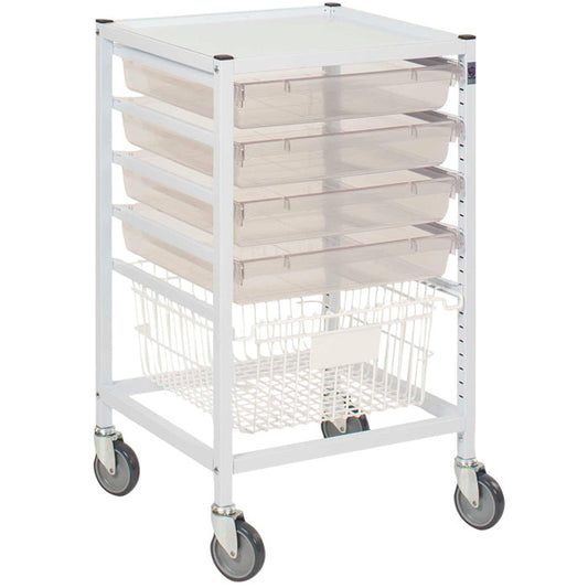 Gratnells Classic Low Single Fixed Runner White Trolley 1 Deep Basket 4 Shallow Antimicrobial Translucent Trays (Assembled)