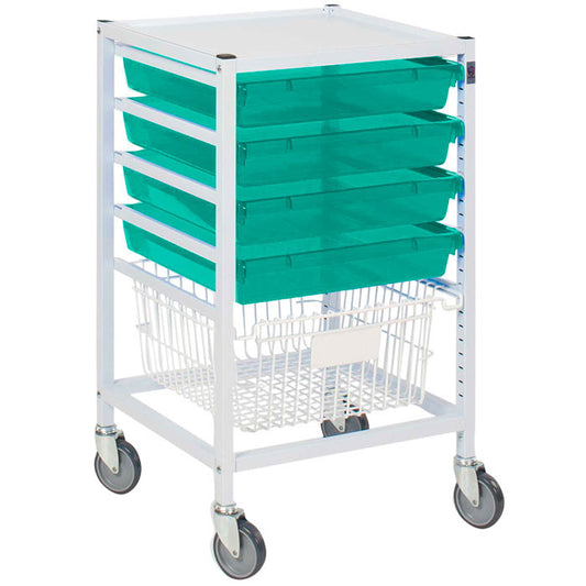 Gratnells Classic Low Single Fixed Runner White Trolley 1 Deep Basket 4 Shallow Antimicrobial Green Trays (Assembled)