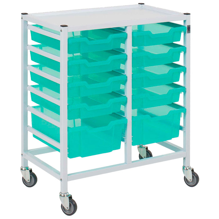 Gratnells Medical Compact Low Double Fixed Runner White Trolley 8 Shallow 2 Deep Antimicrobial Kiwi Jelly Trays (Assembled)