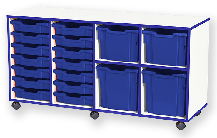 School JAZ 697mm High 14 Shallow/2 Extra Deep/2 Jumbo Variety Tray Quad Column Storage Unit