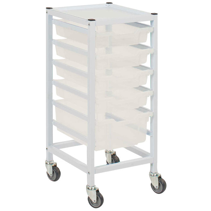 Gratnells Medical Compact Low Single Fixed Runner White Trolley 4 Shallow & 1 Deep Antimicrobial Translucent Trays (Assembled)