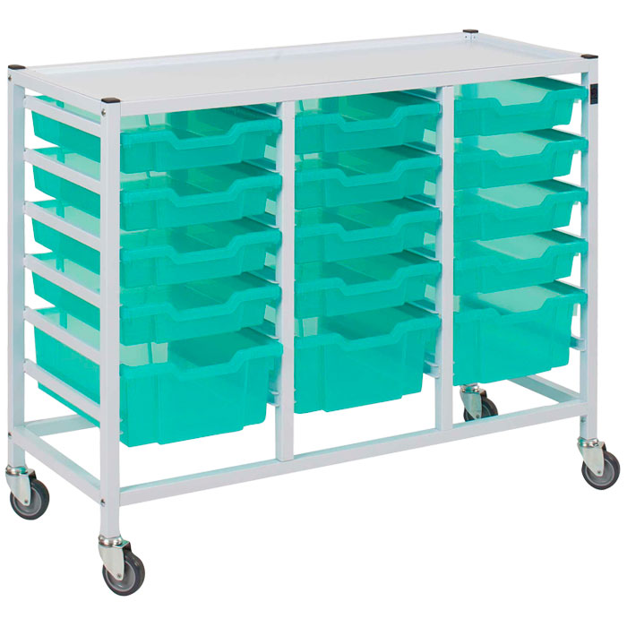Gratnells Medical Compact Low Treble Fixed Runner White Trolley 12 Shallow 3 Deep Antimicrobial Kiwi Jelly Trays (Assembled)